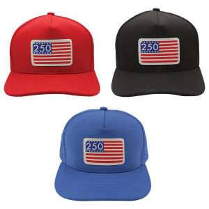 Stars and Stripes 250 DTF Transfer on Brimco 5-Panel Performance Hat (Choose red/black or blue)